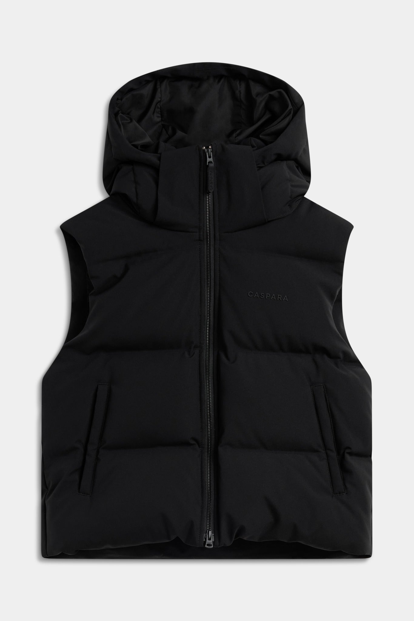 Black CASPARA Aurora hooded down puffer vest against a light grey background.